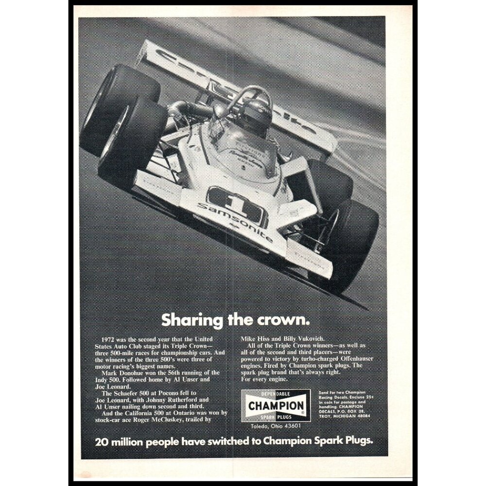 1972 Champion Spark Plugs Vintage Print Ad USAC Triple Crown Race Car Wall Art